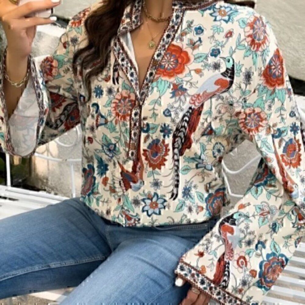 Boho Blouse, Women's Floral & Bird Print Long Sleeve Button Up V Neck Shirt 1X